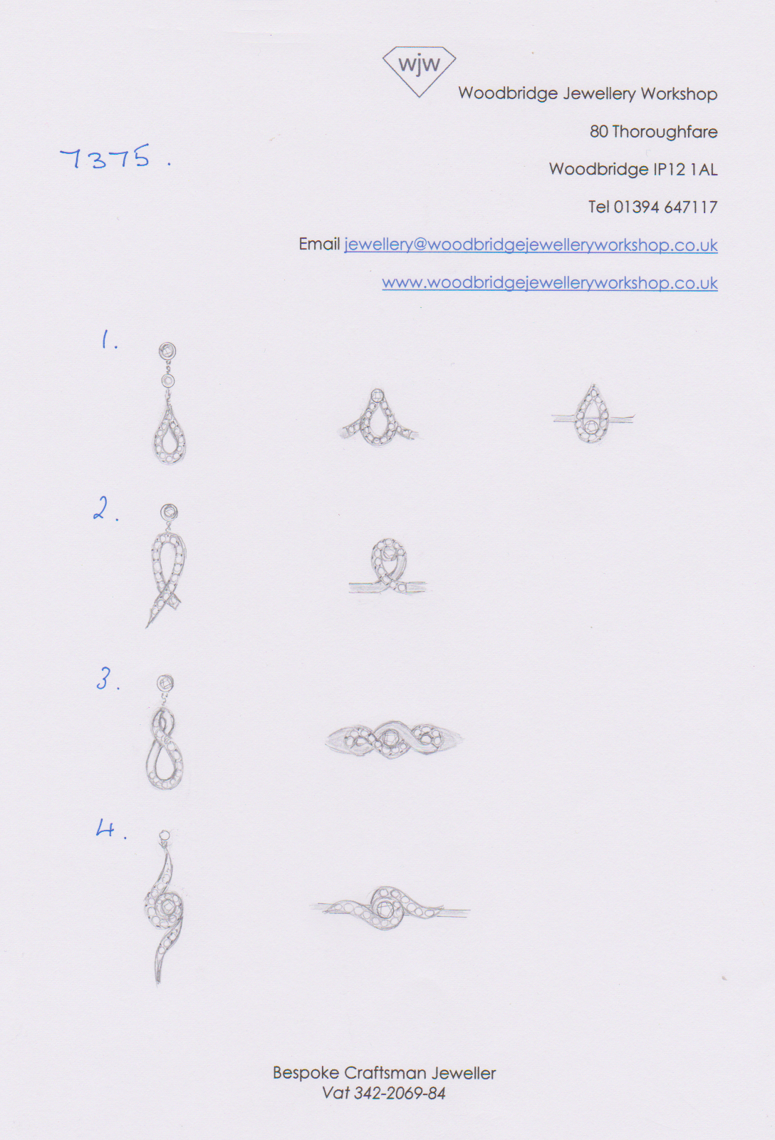 Hand drawn designs that the customer chose from for the ring and earring suite
