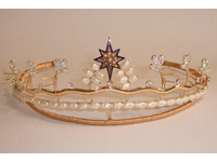 This tiara is hand made in 9ct gold, and set with pearls and cubic zirconia. The centre piece is enamal and seed pearls.